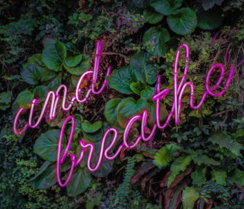 reduce worry and anxiety and breathe neon sign with plants in background