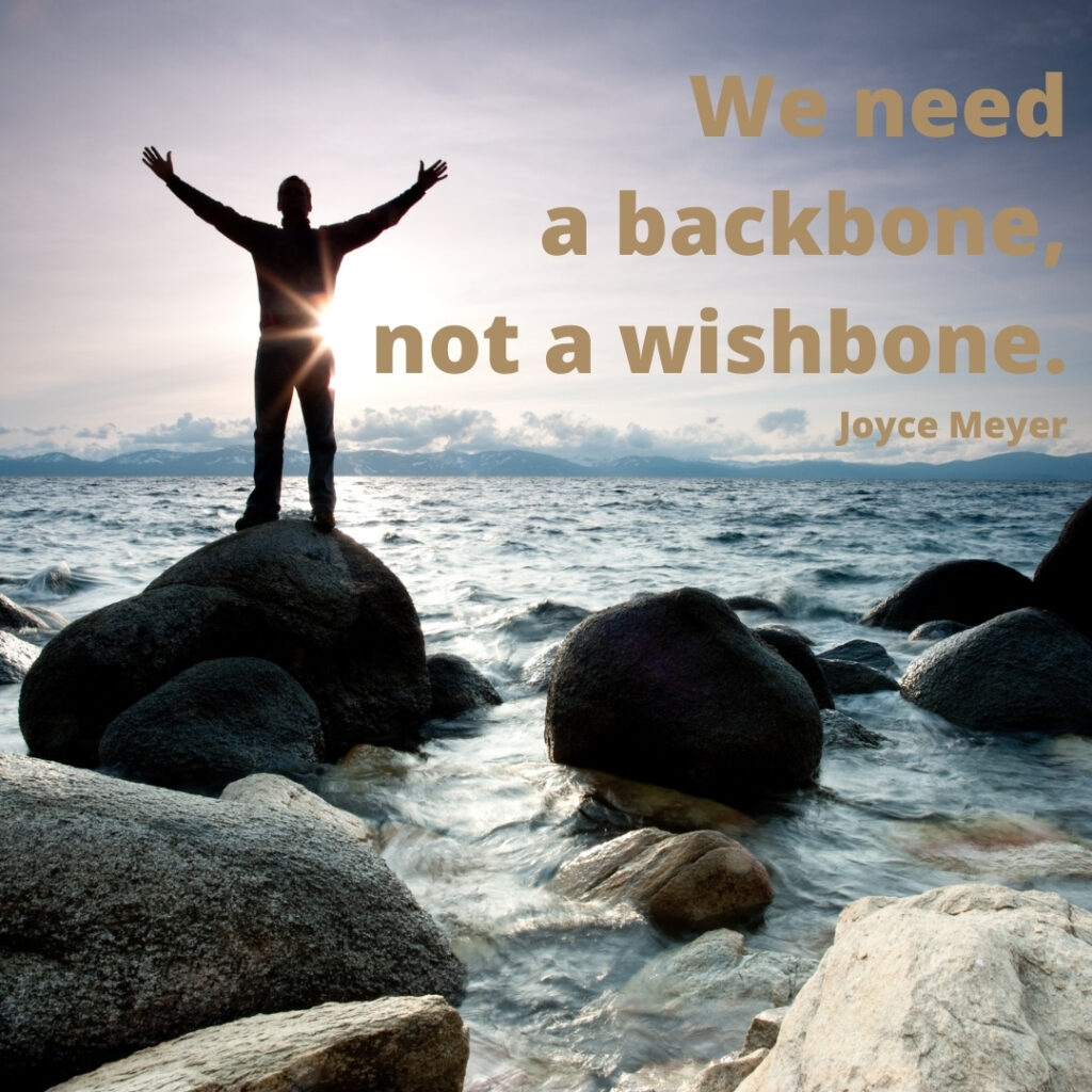 Joyce Meyer quote: We need a backbone, not a wishbone. Picture of man standing on rock at the shore.